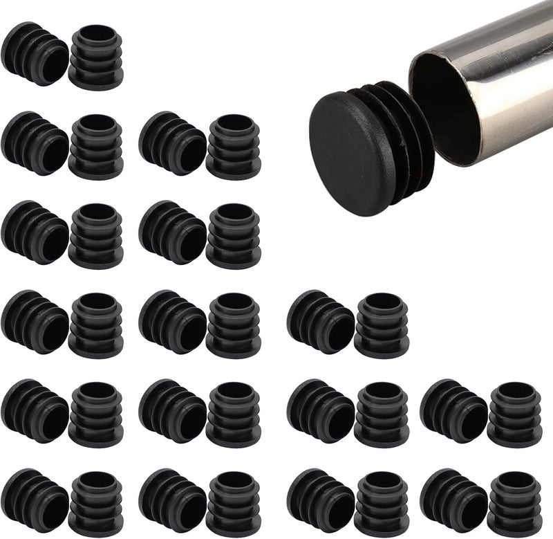 BOPOREAE 32 Pack 3/4" (19 mm) OD Ribbed Plastic Hole Plugs, Round Ribbed Metal Tubing End Caps, Glide Insert Furniture & Fence Finishing Plugs, Durable & Noise Reduction Plastic Pipe Plug, Black - Image 1